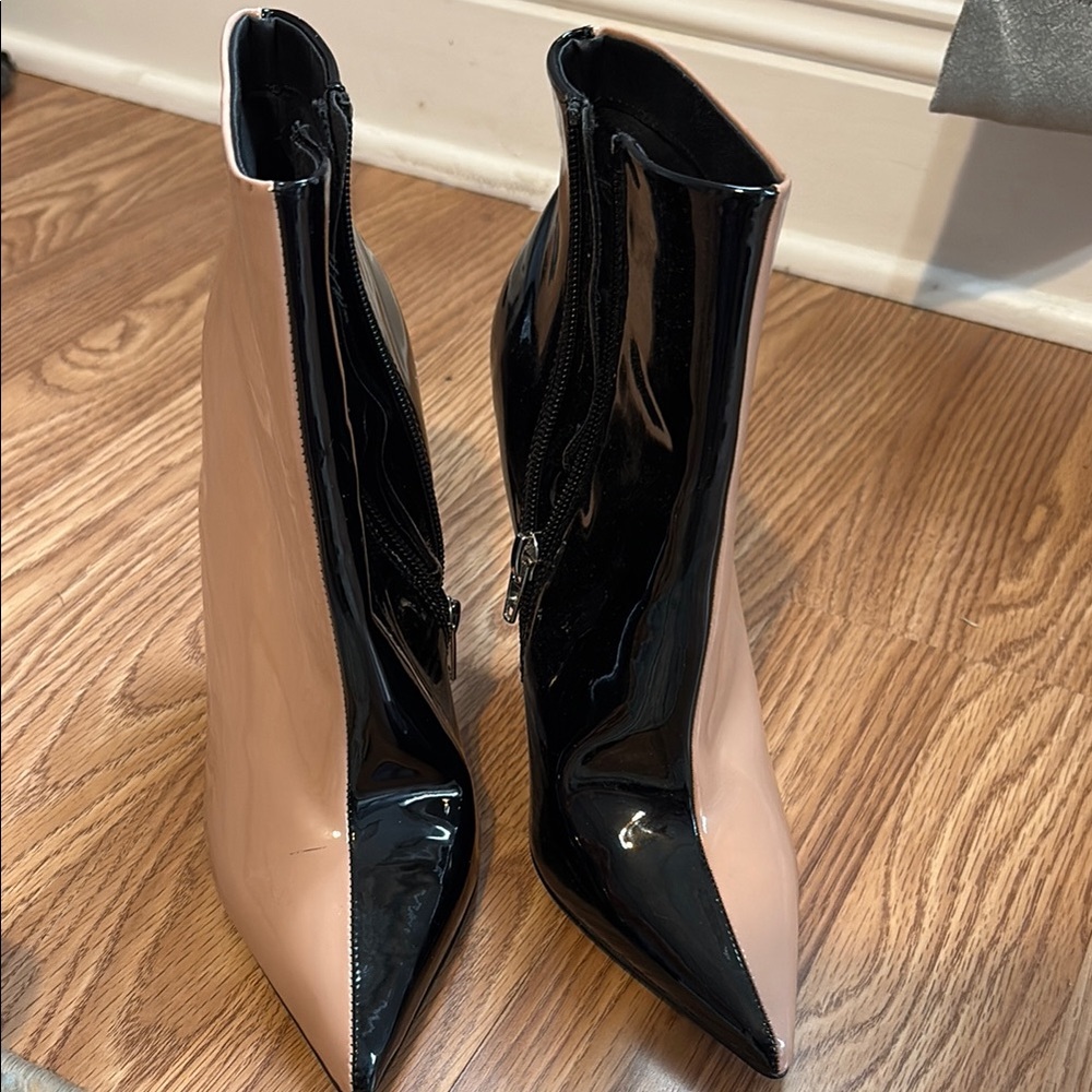 Black and Blush Heeled Boots with Stiletto Heel and Pointed Toe